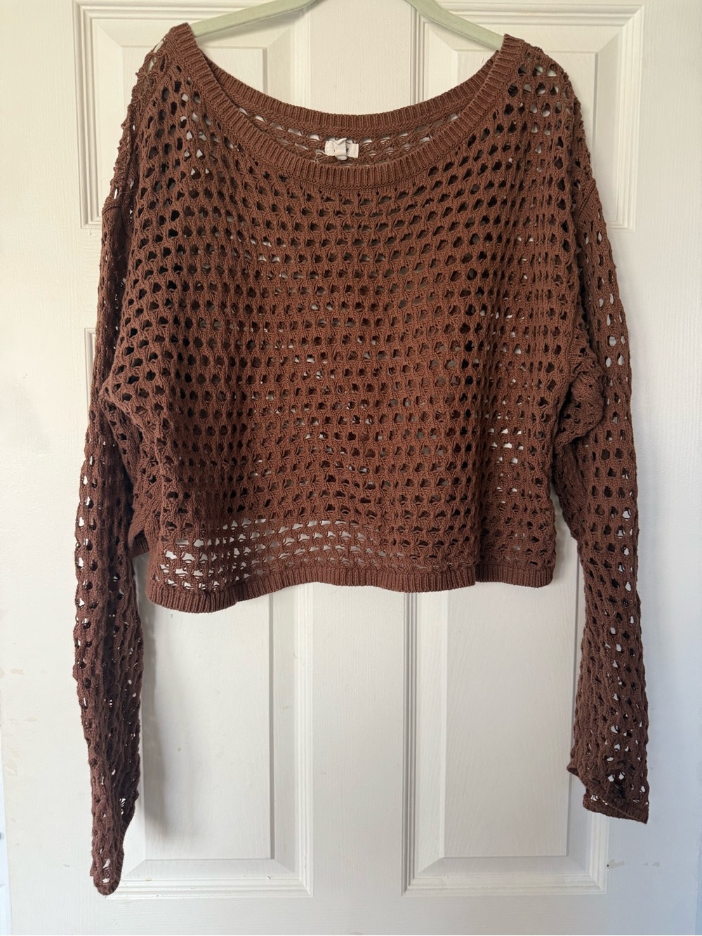 aerie Open-Knit Scoop Neck Cropped Sweater in Brown